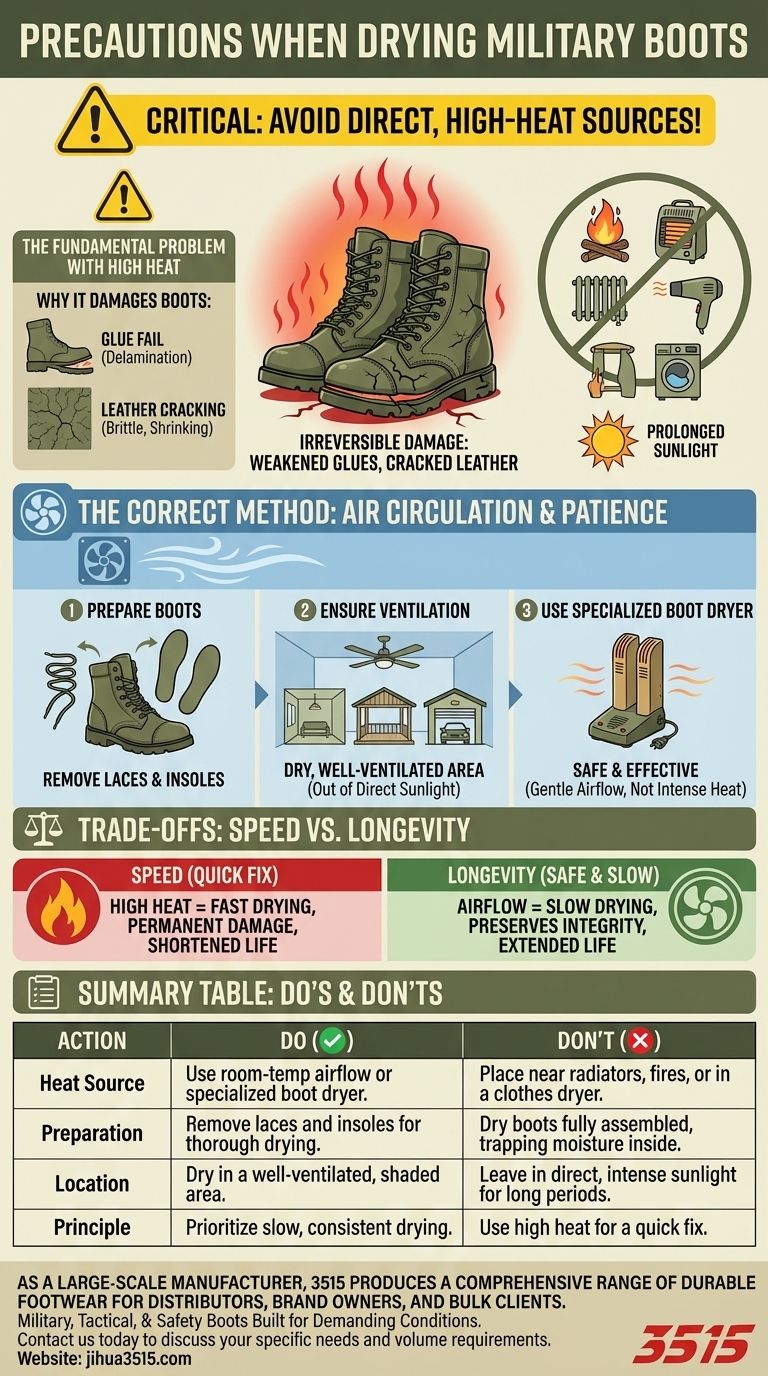 What precautions should be taken when drying military boots? Avoid High Heat to Preserve Your Gear Visual Guide