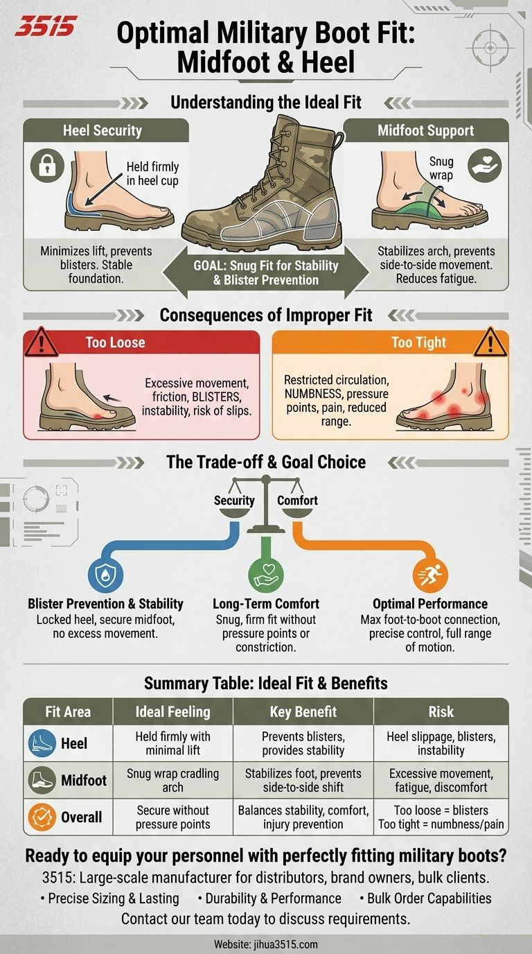 Come dovrebbero calzare il mesopiede e il tallone negli scarponi militari? Ottenere una calzata aderente e sicura per prevenire le vesciche Guida Visiva