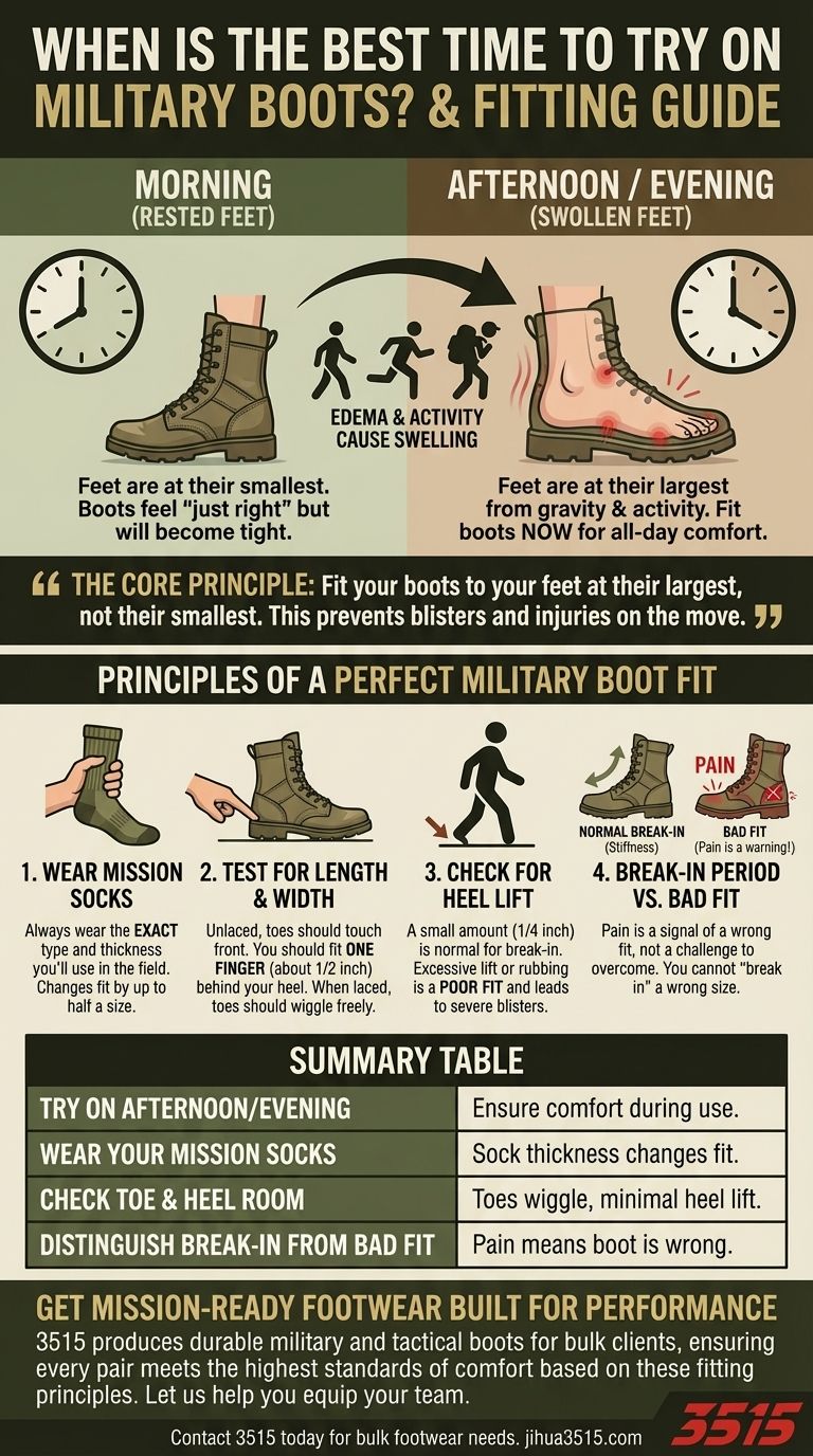Quel est le meilleur moment pour essayer des bottes militaires ? Ajustement à vos pieds dans leur plus grande taille Guide Visuel