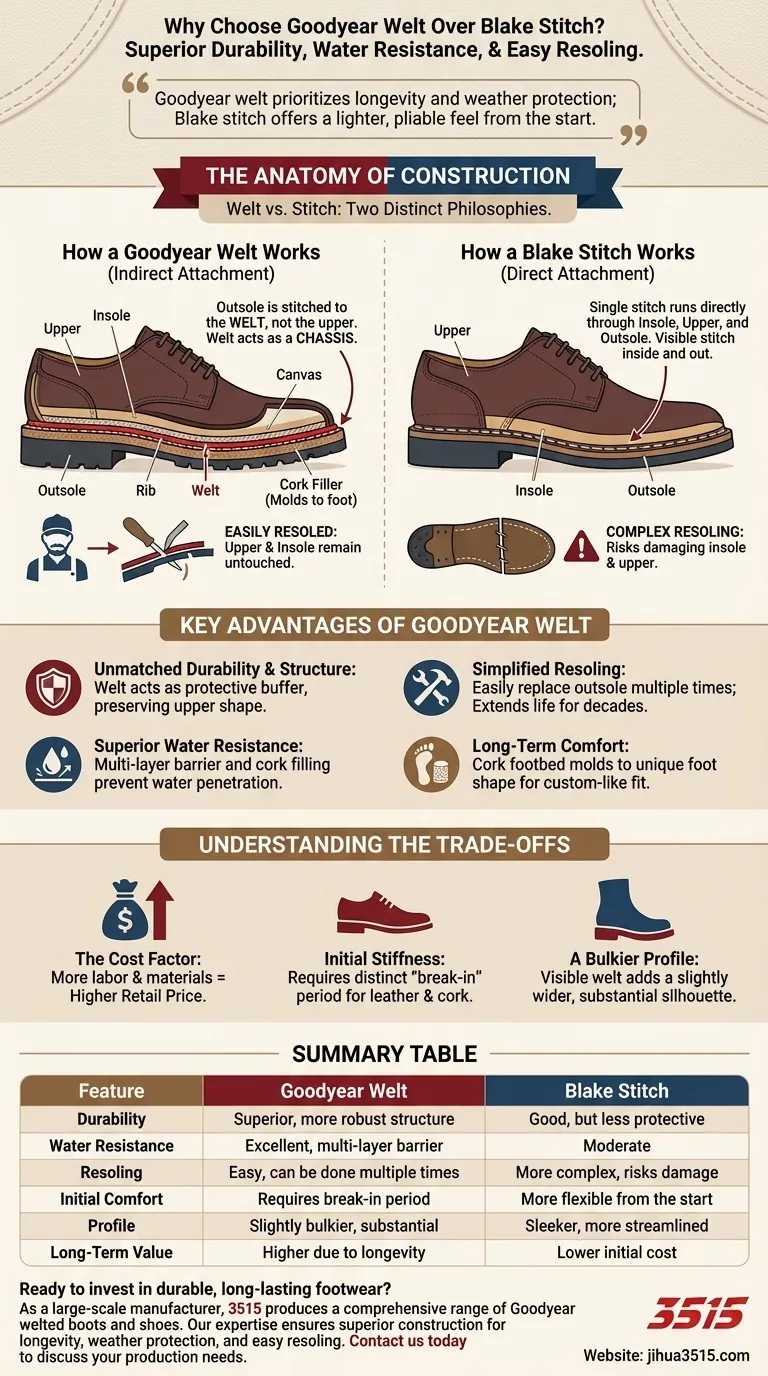 Pourquoi choisir le montage Goodyear plutôt que le montage Blake ? Pour une durabilité supérieure et un ressemelage facile. Guide Visuel