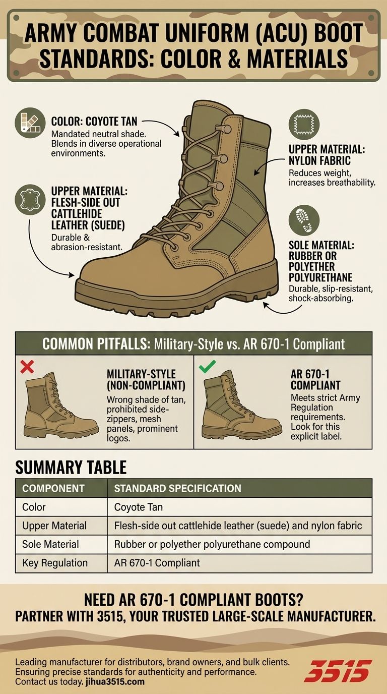 ¿Cuáles son el color y los materiales estándar para las botas del uniforme de combate del Ejército? Asegure el cumplimiento de la AR 670-1 Guía Visual