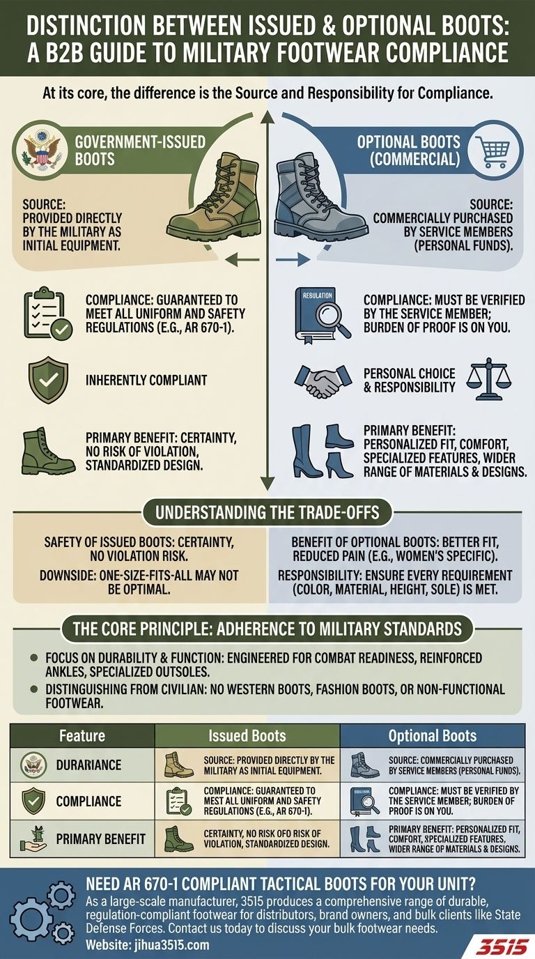 ¿Cuál es la distinción entre botas de dotación y botas opcionales? Elegir el calzado adecuado para los estándares militares Guía Visual