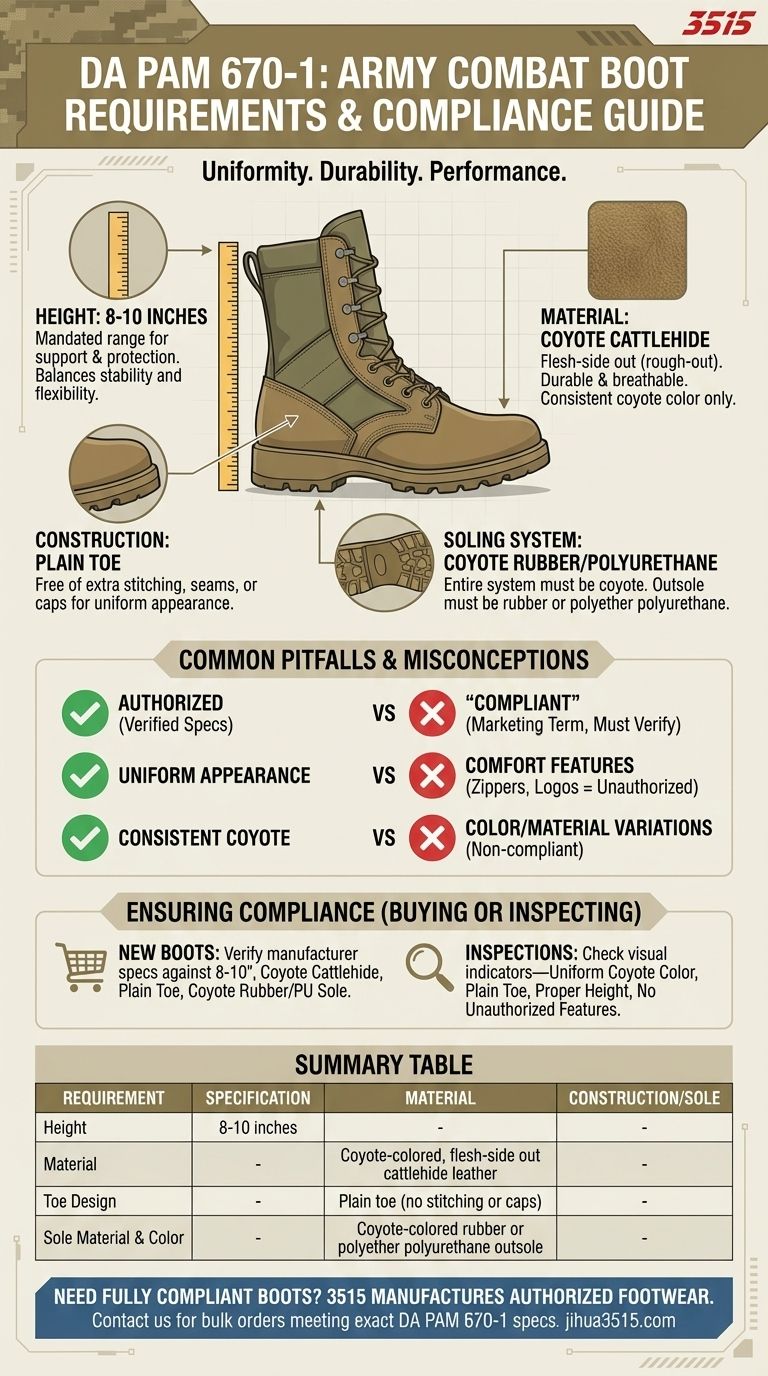 Quelles sont les exigences relatives à la hauteur et aux matériaux des bottes selon le DA PAM 670-1 ? Assurez une conformité totale. Guide Visuel