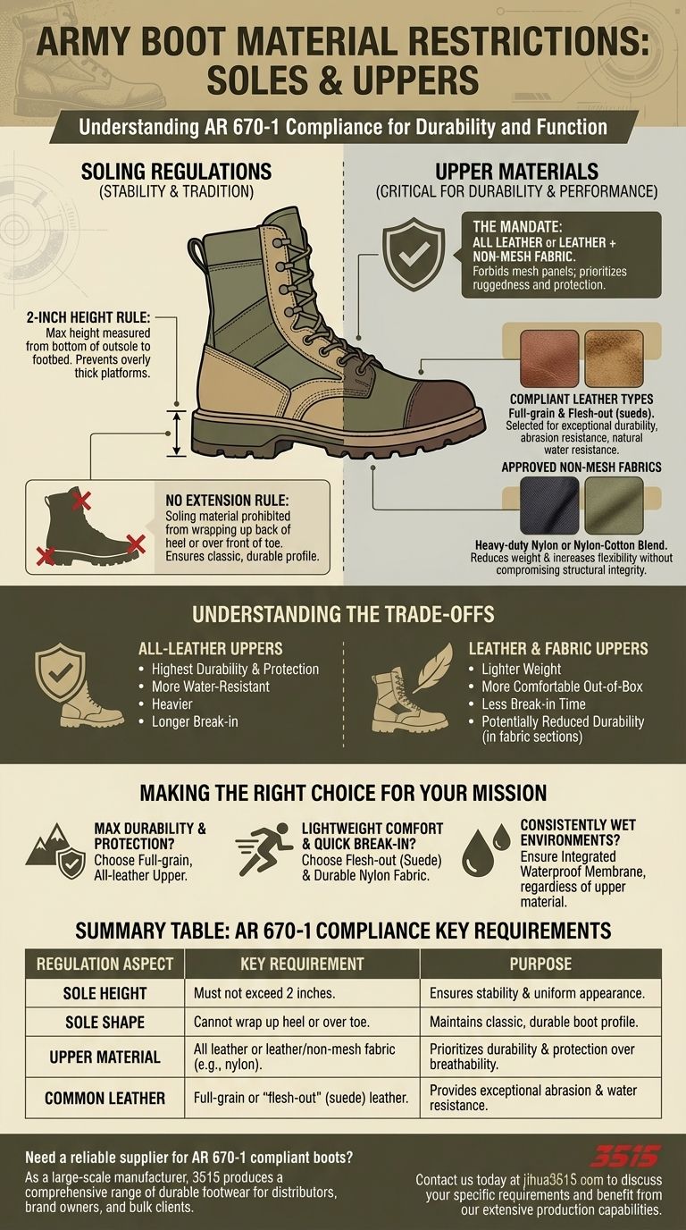 Quali sono le restrizioni sui materiali delle suole per gli stivali dell'esercito? Una guida alla conformità AR 670-1 Guida Visiva