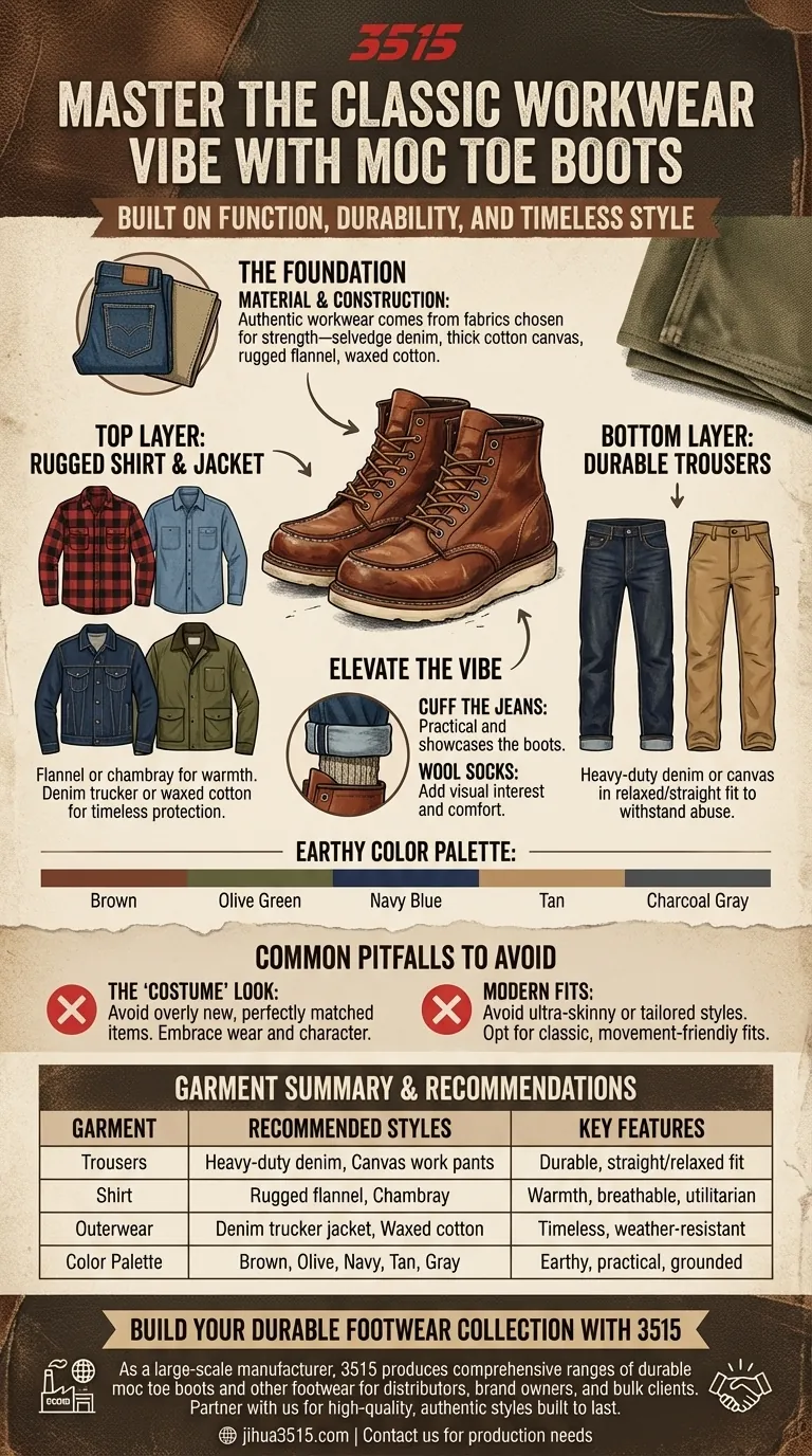 ¿Cómo puedes lograr un estilo clásico de ropa de trabajo con botas moc toe? Construye un estilo robusto y auténtico Guía Visual