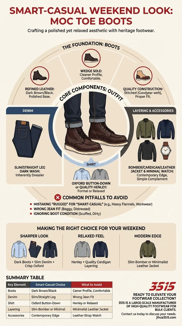 모카신 부츠로 스마트 캐주얼 주말룩을 연출하는 핵심 요소는 무엇일까요? 세련되고 편안한 스타일을 완성하세요. 시각적 가이드