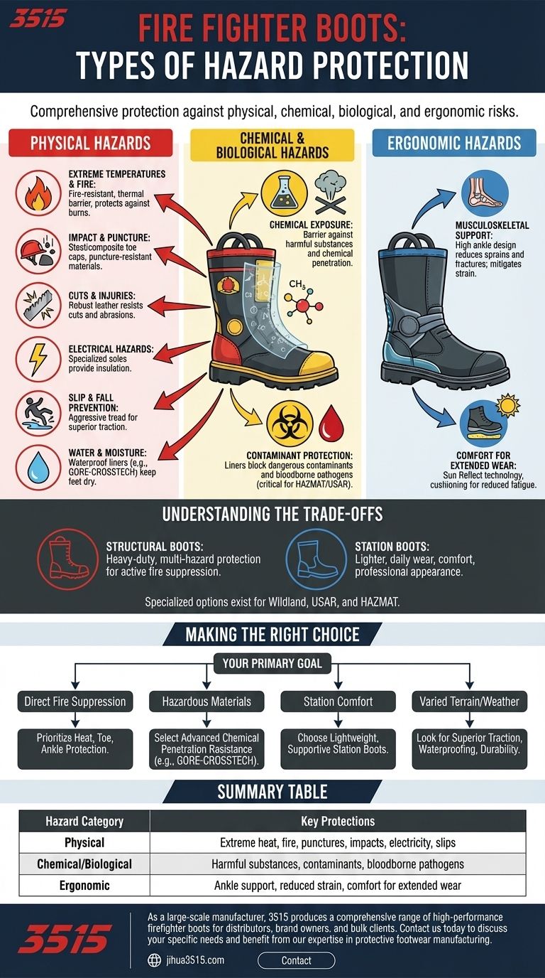 Quels types de dangers les bottes de pompier protègent-elles ? Chaussures essentielles multi-risques pour les pompiers Guide Visuel
