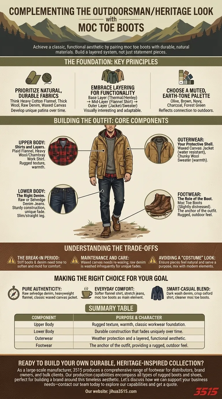 Quels articles vestimentaires complètent le look "Outdoorsman/Heritage" avec des bottes à bout moccasin ? Construisez une garde-robe intemporelle et robuste. Guide Visuel