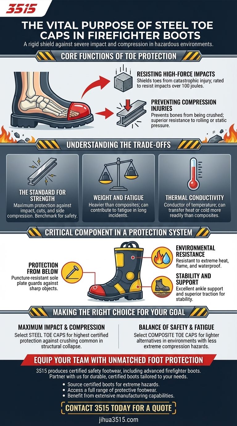 Qual è lo scopo dei puntali in acciaio negli stivali da vigile del fuoco? Massima protezione da impatto e schiacciamento Guida Visiva