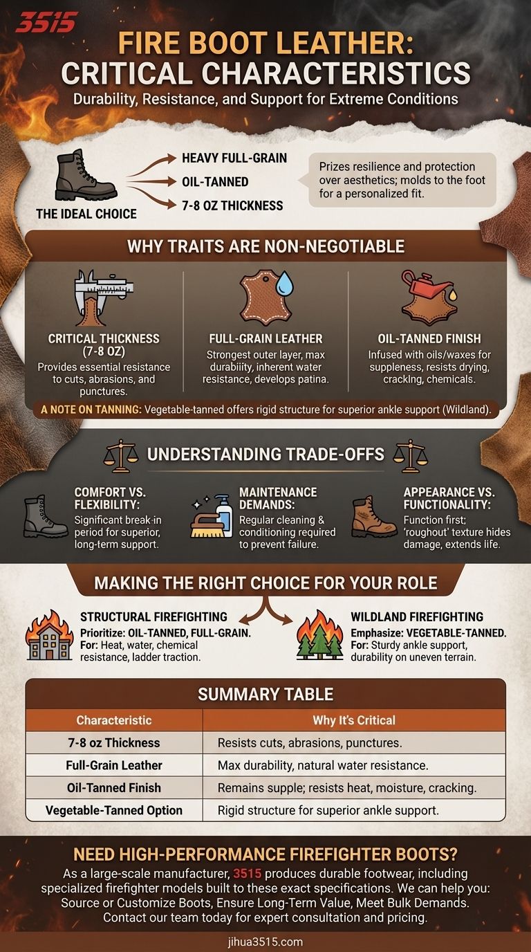 ما هي الخصائص التي يجب أن يتمتع بها الجلد المستخدم في أحذية رجال الإطفاء؟ متين، مدبوغ بالزيت، وحبوب كاملة دليل مرئي