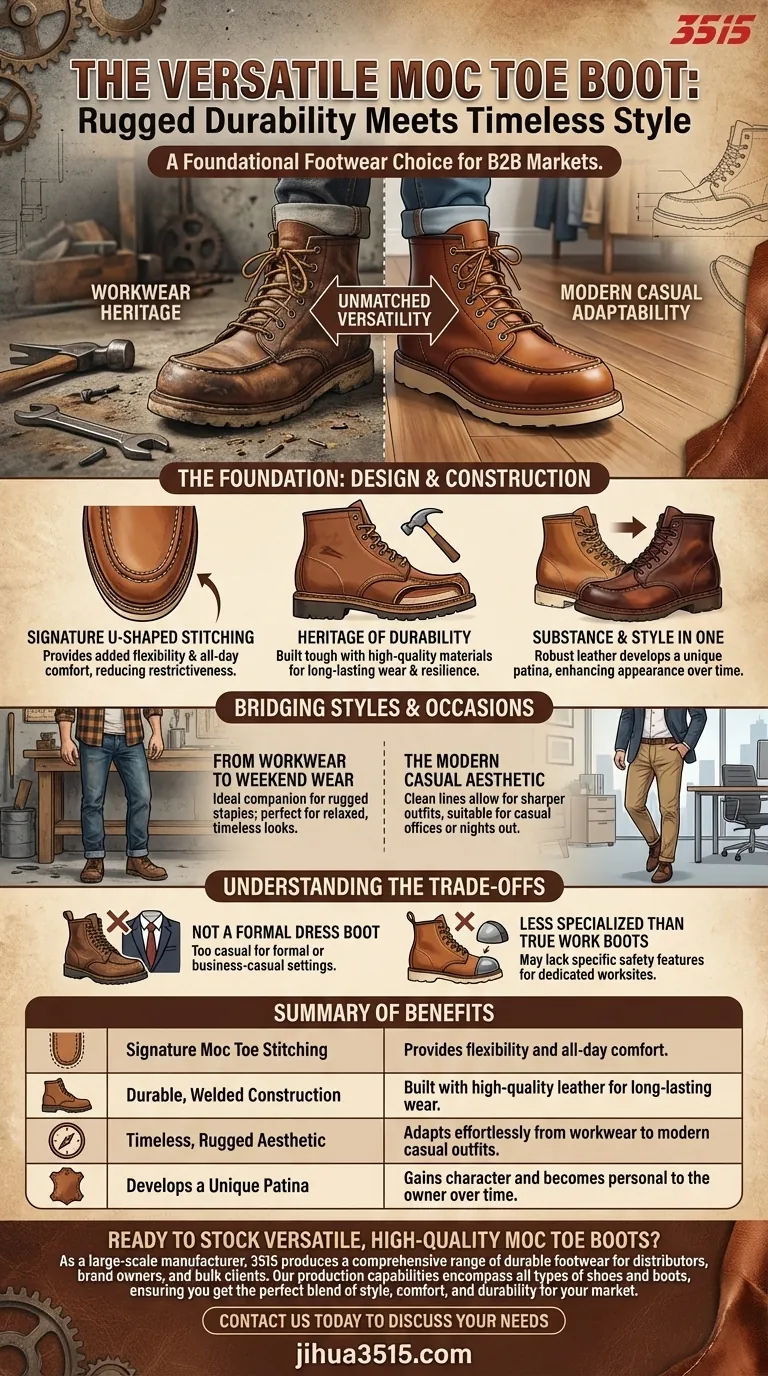 Perché gli stivali moc toe sono considerati una scelta di calzature versatile? Il connubio perfetto tra stile robusto e comfort per tutto il giorno Guida Visiva