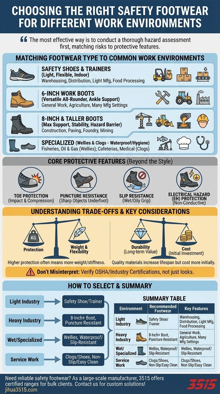 Quels types de chaussures de sécurité conviennent aux différents environnements de travail ? Trouvez la bonne chaussure pour votre secteur d'activité Guide Visuel