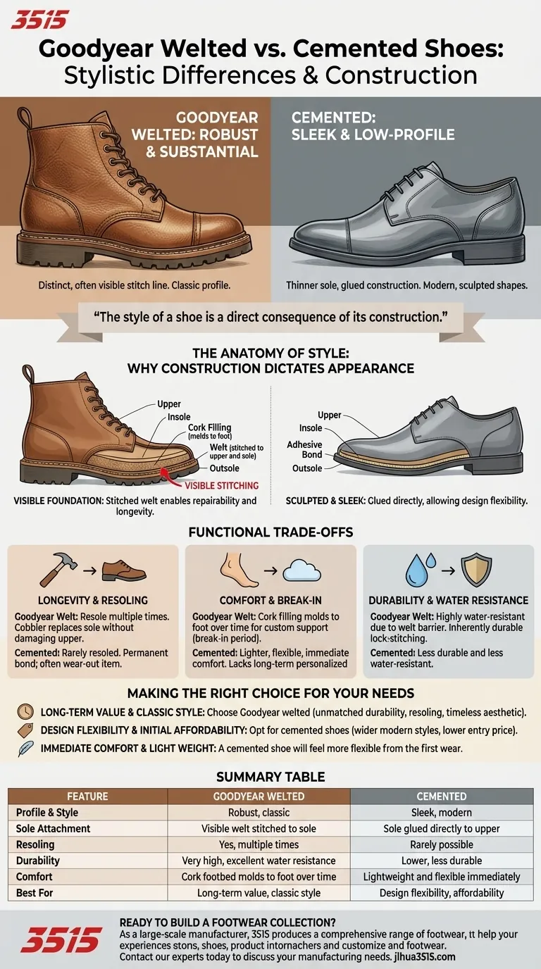 Каковы стилистические различия между обувью, изготовленной методом Goodyear welt и методом склеивания? Откройте для себя основу стиля и долговечности обуви. Визуальное руководство