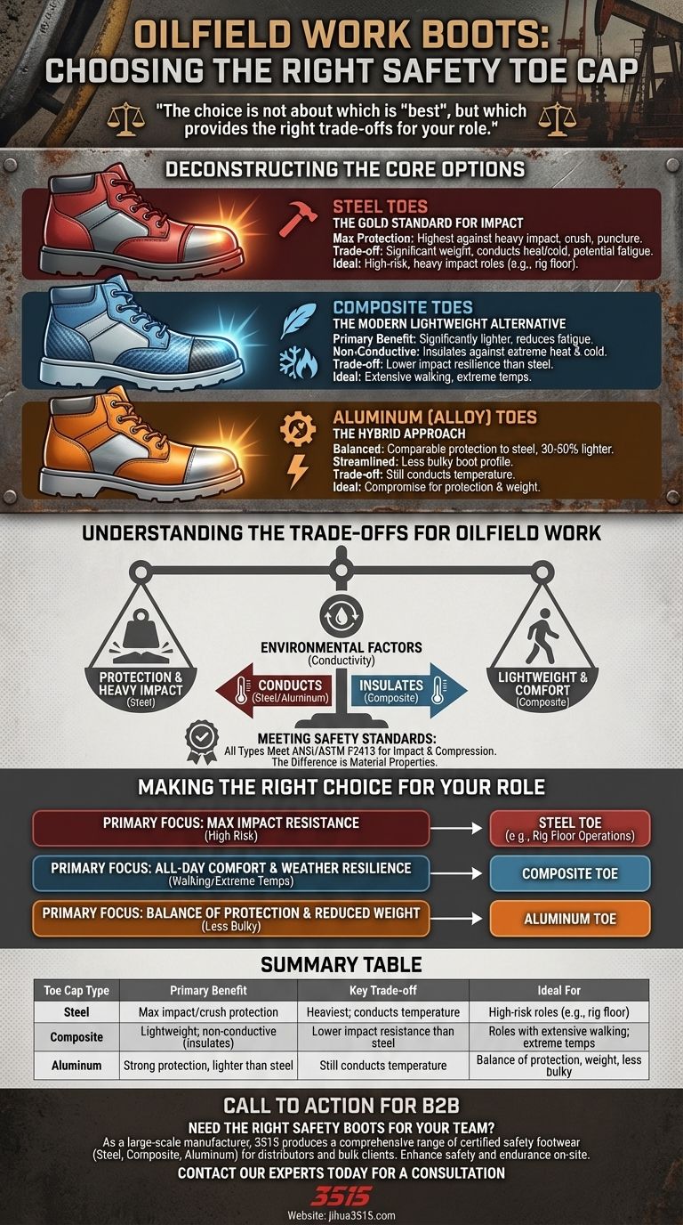 What types of toe caps are available for oilfield work boots and their benefits? Choose the Right Protection for Your Role Visual Guide