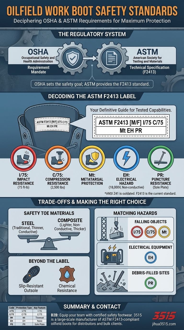 Quelles normes de sécurité les bottes de travail pour champs pétrolifères doivent-elles respecter ? Assurer la conformité OSHA & ASTM F2413 Guide Visuel