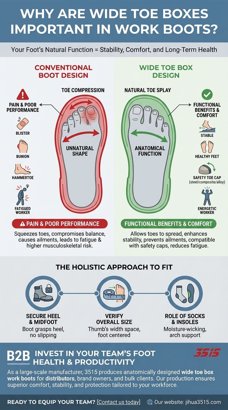 작업화에 넓은 발가락 상자가 중요한 이유는 무엇인가요? 안정성을 높이고 발 통증을 예방하세요. 시각적 가이드