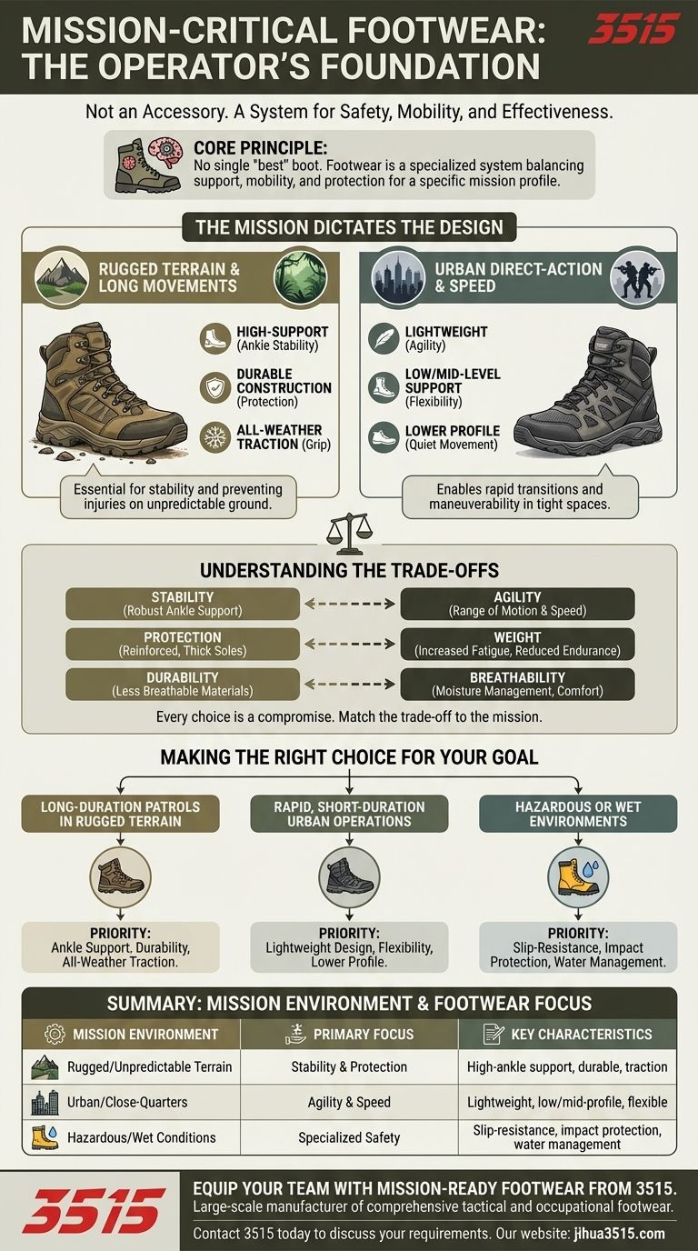 Why is footwear important for operators in different environments? Choose the Right Boot for Your Mission Visual Guide