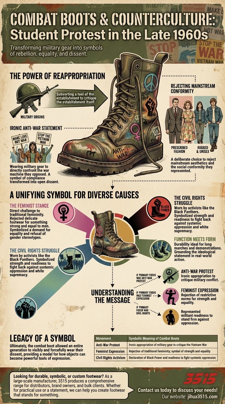 Comment les étudiants de la fin des années 1960 utilisaient-ils les bottes de combat pour exprimer leurs convictions ? Un symbole de rébellion contre-culturelle Guide Visuel