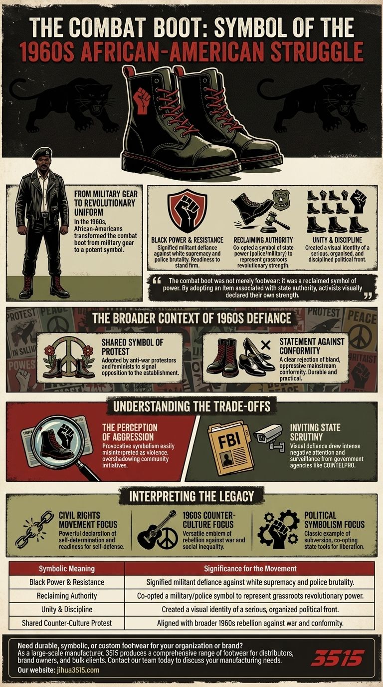 1960년대 아프리카계 미국인들은 전투화를 어떻게 그들의 투쟁을 상징하는 데 사용했는가? 흑인 권력의 상징 시각적 가이드