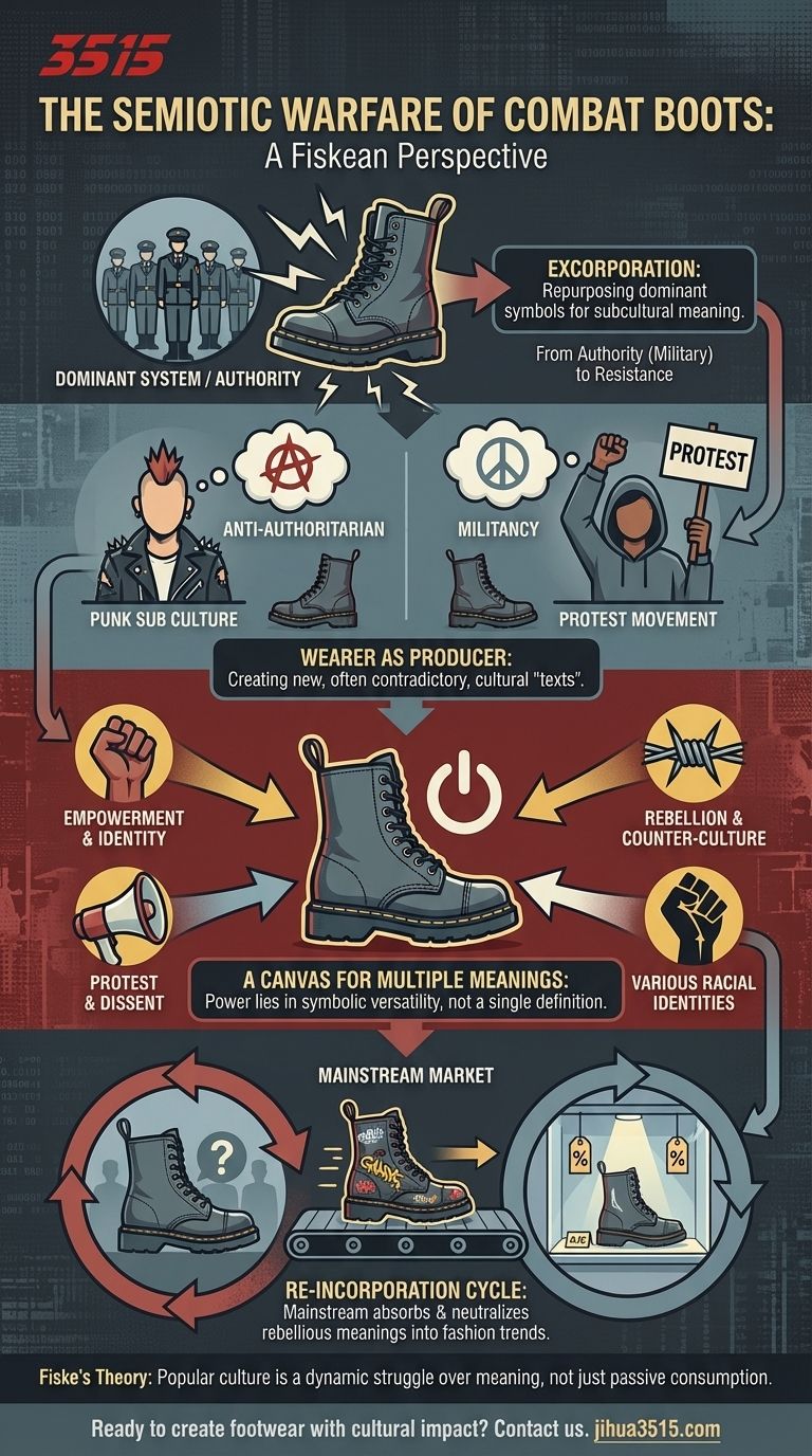 Que dit la théorie de John Fiske sur la popularité des bottes de combat ? Décoder le symbolisme de la rébellion Guide Visuel