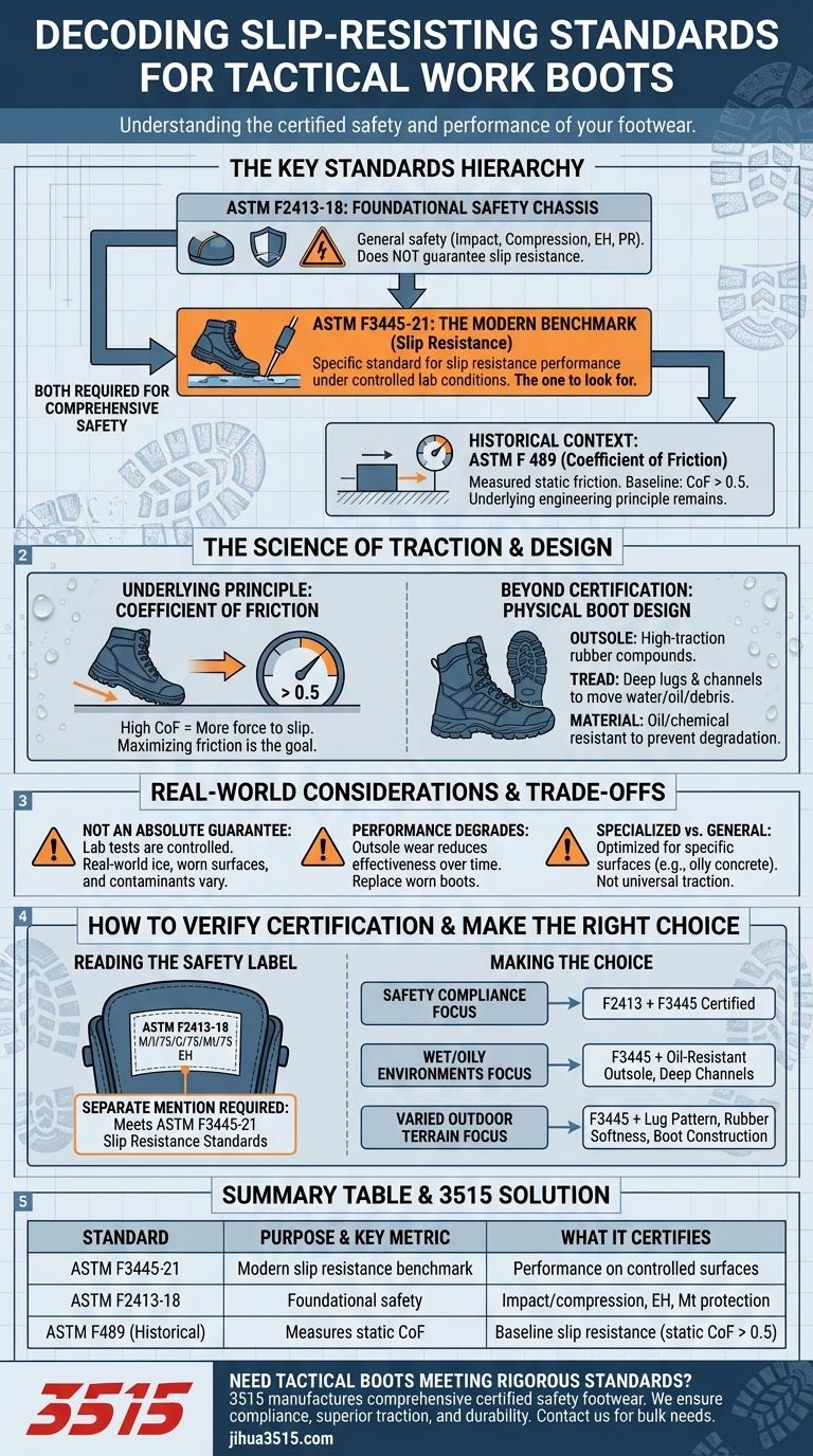 What slip-resisting standards apply to tactical work boots? Decode ASTM F3445 & F2413 for Safety Visual Guide
