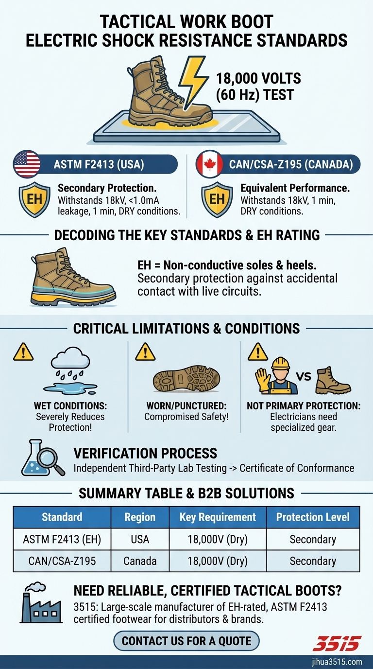 작업용 전술 부츠는 어떤 전기 충격 저항 표준을 충족합니까? ASTM F2413 및 CSA-Z195 가이드 시각적 가이드