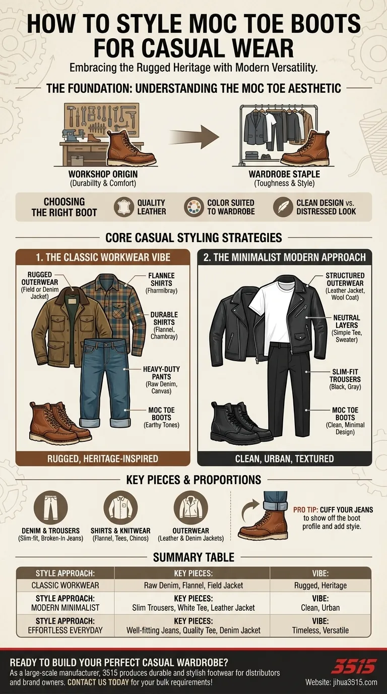 Como as botas moc toe podem ser combinadas para uso casual? Domine looks robustos e modernos Guia Visual