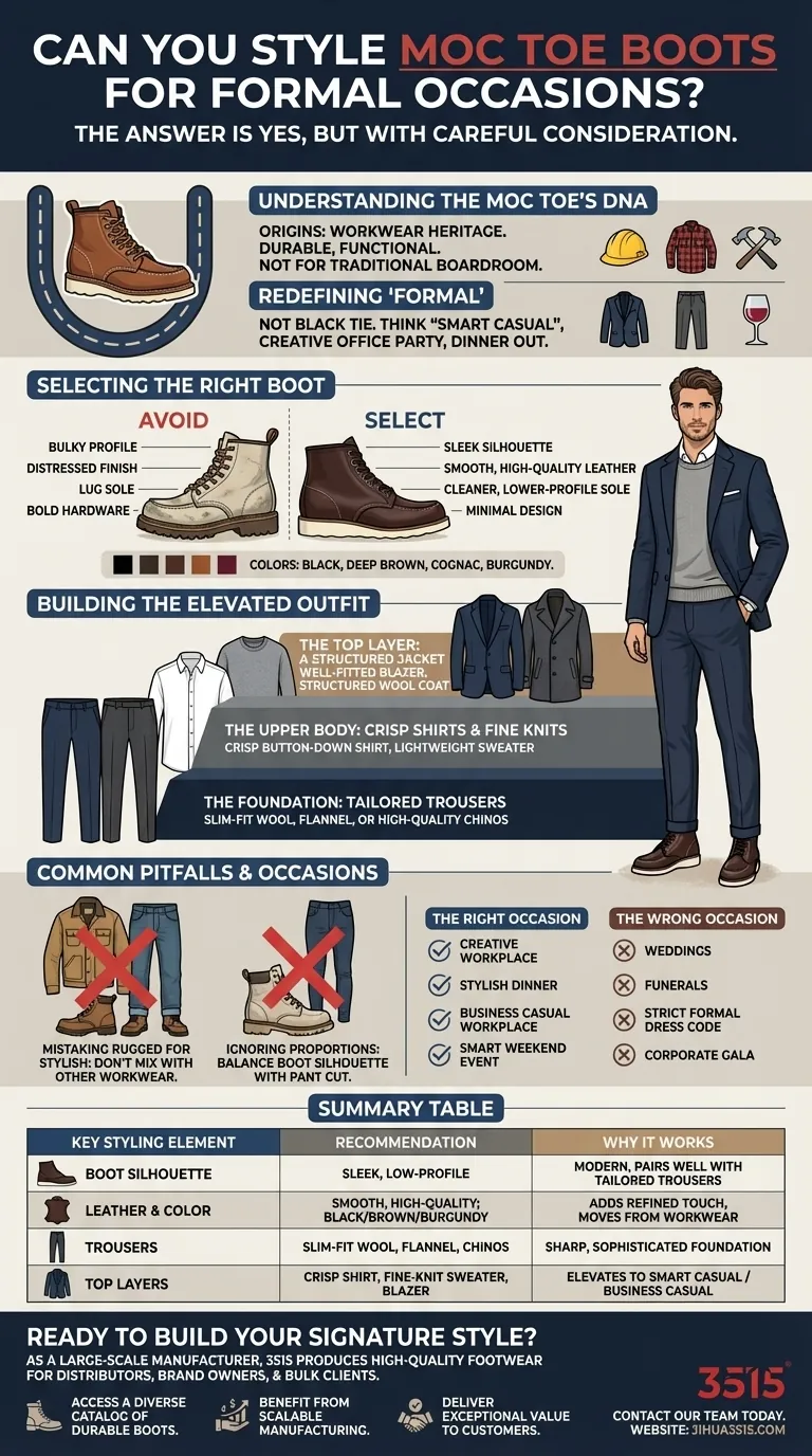 ¿Cómo se pueden combinar las botas moc toe para ocasiones formales? Eleva tu look smart casual Guía Visual