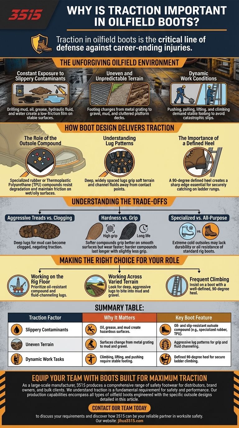 석유 현장 부츠에서 접지력이 중요한 이유는 무엇인가요? 위험한 지형에서 미끄러짐과 넘어짐 방지 시각적 가이드