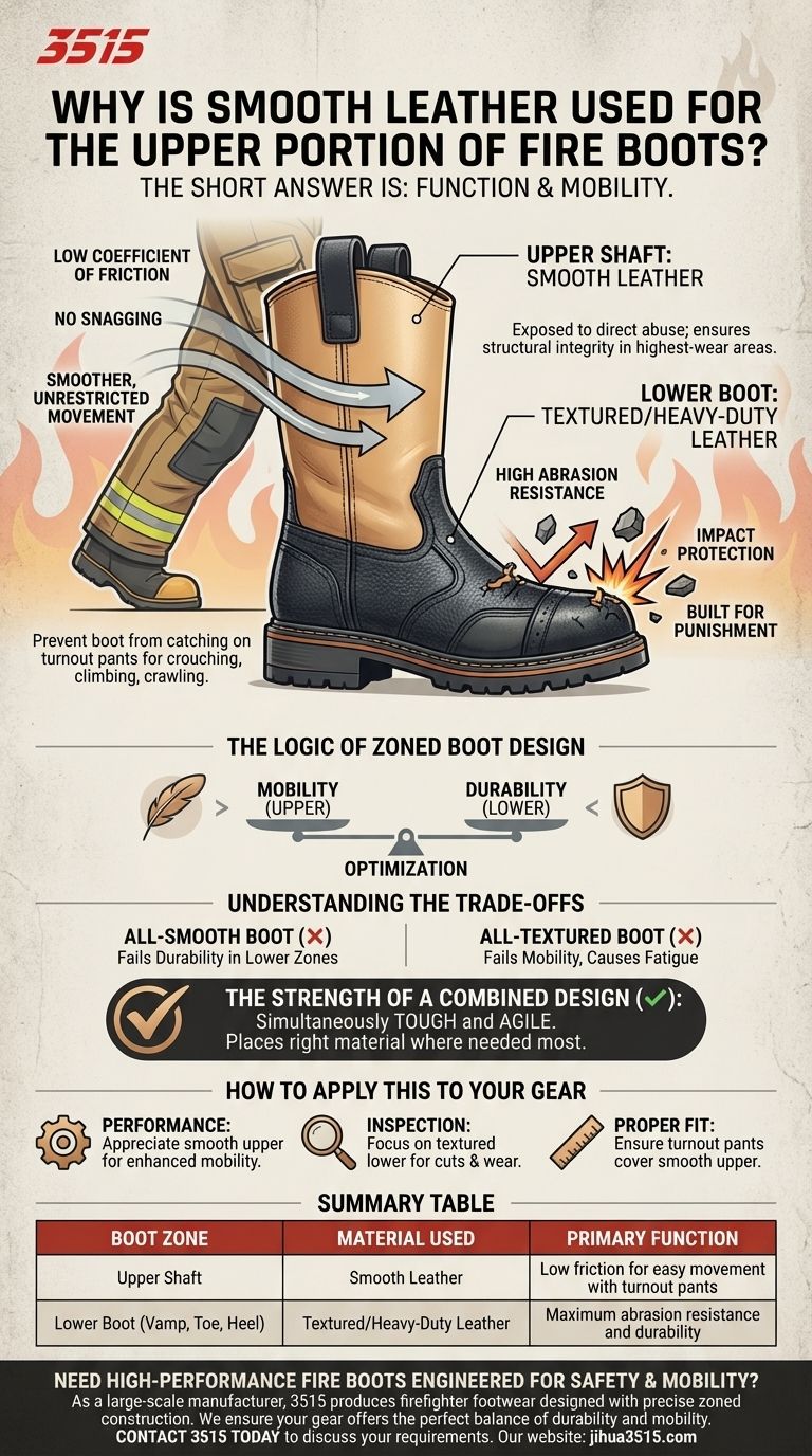 소방 부츠 상단에 매끄러운 가죽이 사용되는 이유는 무엇인가요? 위급 상황에서의 제한 없는 기동성을 위해 시각적 가이드