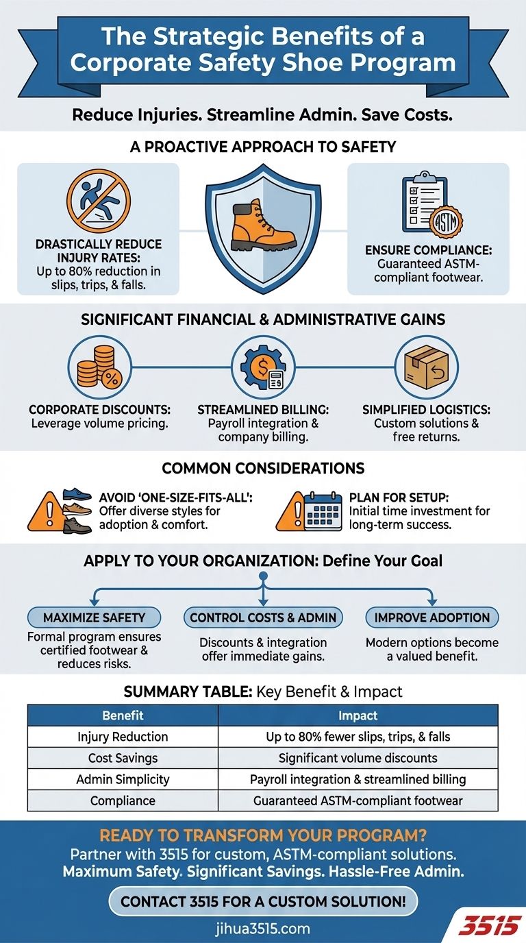 ما هي فوائد برنامج أحذية السلامة المؤسسية؟ خفض التكاليف والإصابات بخطة استراتيجية دليل مرئي