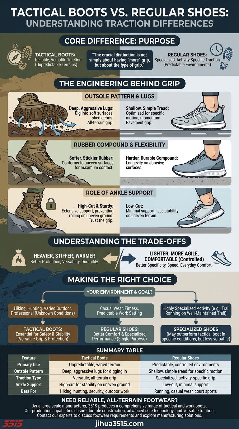 Qual è la differenza di trazione tra stivali tattici e scarpe normali? Trova la presa giusta per il tuo terreno Guida Visiva