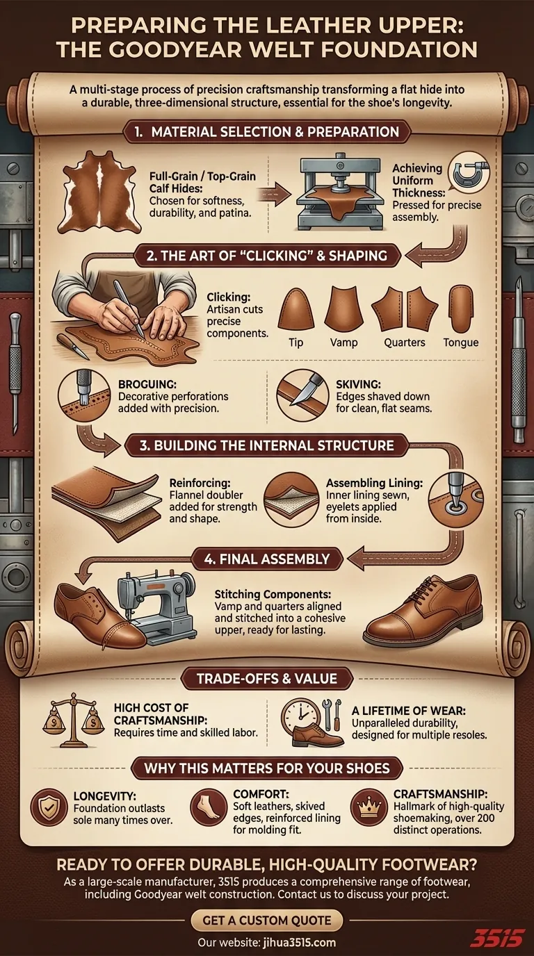 Come viene preparata la tomaia in pelle per le scarpe con guardolo Goodyear? Il segreto di una durata impareggiabile Guida Visiva