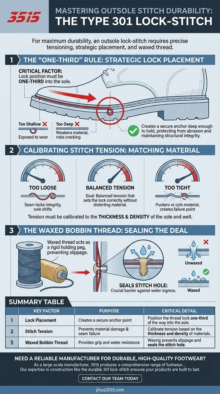 Comment la couture de la semelle extérieure (point noué à double fil, point de chaînette 301) doit-elle être réalisée pour assurer la durabilité ? Maîtrisez le processus en 3 étapes. Guide Visuel
