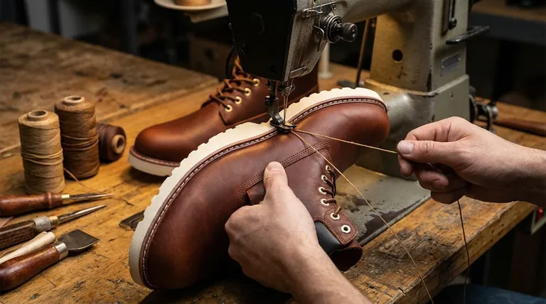 Comment la couture de la semelle extérieure (point noué à double fil, point de chaînette 301) doit-elle être réalisée pour assurer la durabilité ? Maîtrisez le processus en 3 étapes.