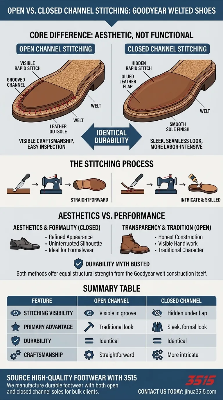 Quelle est la différence entre la couture à canal ouvert et la couture à canal fermé dans les chaussures Goodyear cousues ? Un guide des finitions de semelles Guide Visuel