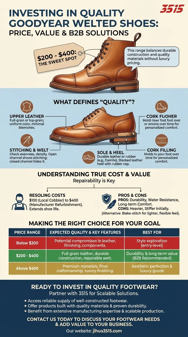 Quelle fourchette de prix faut-il envisager pour investir dans des chaussures de qualité cousues Goodyear ? Trouvez le juste milieu pour la valeur. Guide Visuel