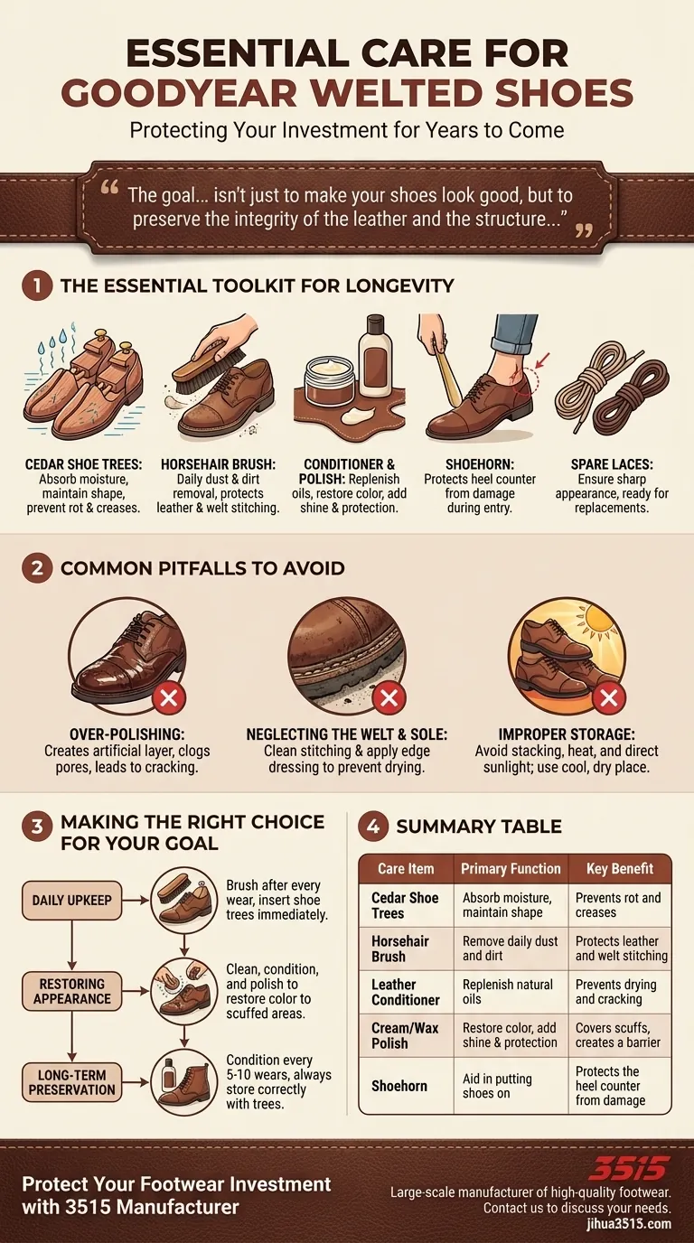 Какие дополнительные средства по уходу за обувью рекомендуются для поддержания обуви Goodyear welt? Основной набор инструментов для долговечности Визуальное руководство