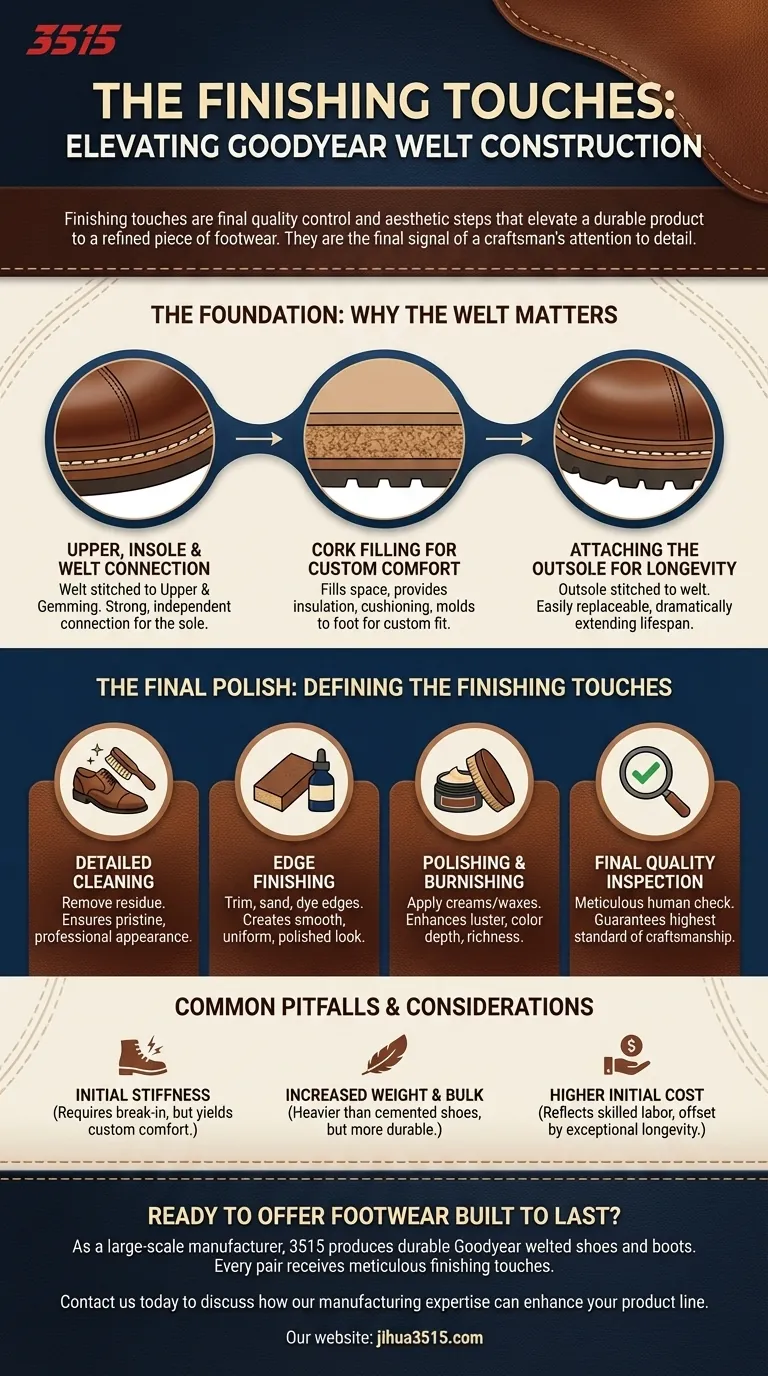 Quelles sont les touches finales dans la construction Goodyear welt ? Les dernières étapes de l'artisanat Guide Visuel